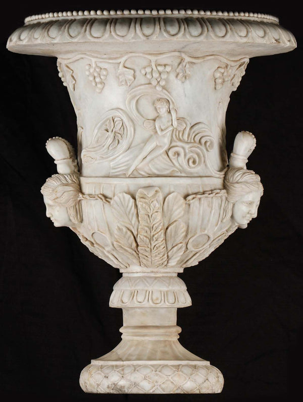 Pair of Italian Palatial Garden Urns/Medici Vases with Carved Marble