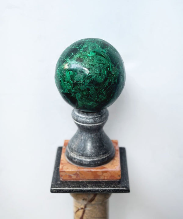 Pair of Marble & Multi-Stone Columns with Malachite Sphere