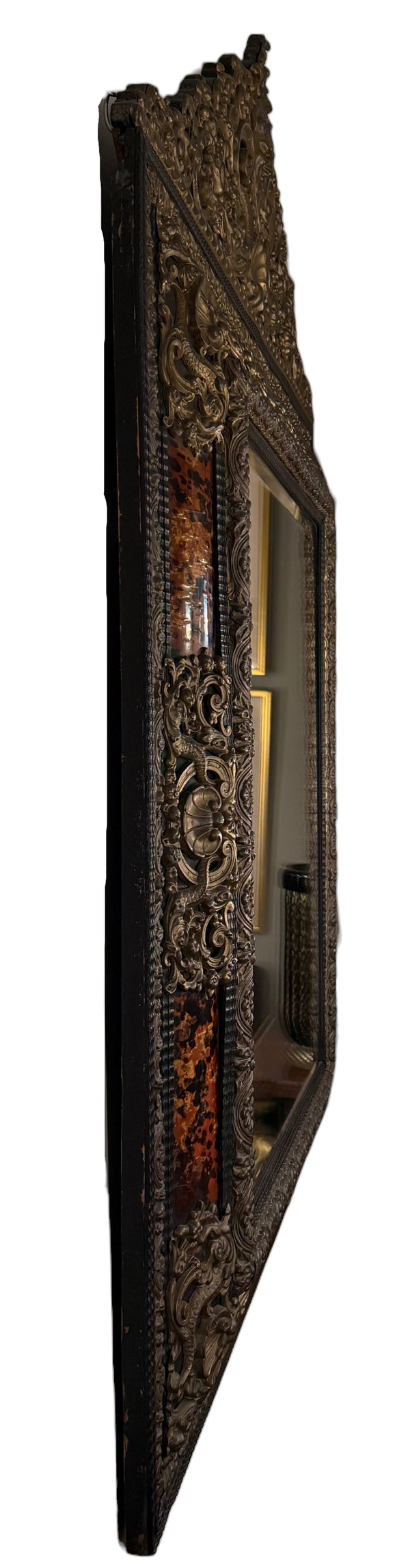 19th Century Flemish Repoussé Brass & Tortoiseshell-Pattern Mirror
