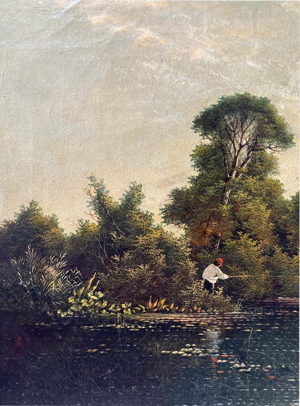 Traditional Framed Oil on Canvas of a Fisherman by the River