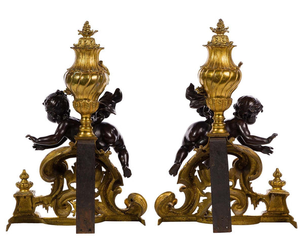 Pair of French 19th Century Bronze Putti Chenets