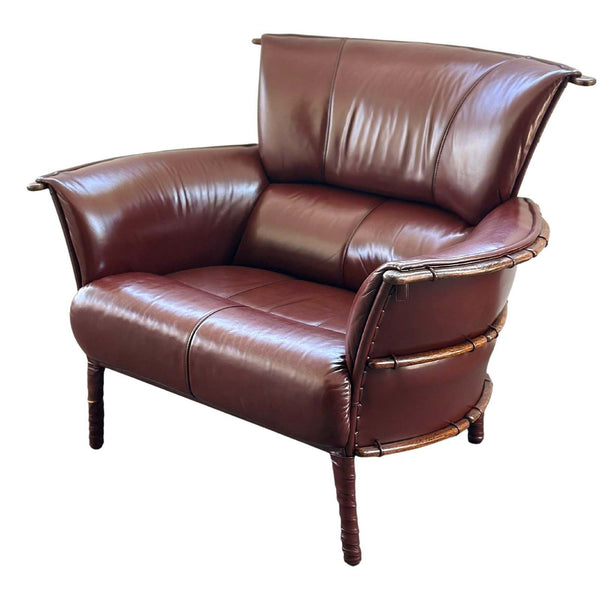 Set of Burgundy Leather Armchair and Ottoman by Pacific Green