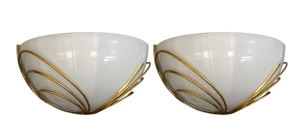 Pair of Italian Mid-Century Half-Moon Murano Opaline Glass & Brass Wall Sconces.