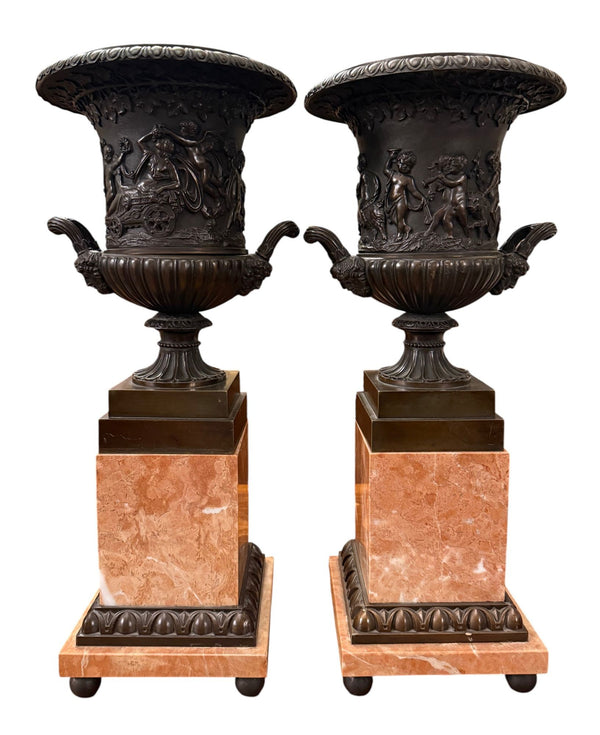 Pair of 19th Century French Bronze Urns on Marble Pedestals.