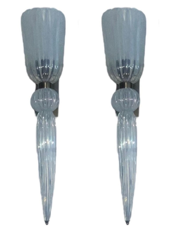 Set of Six Modernist Celadon Opaline Murano Glass & Brass Sconces – 21st Century