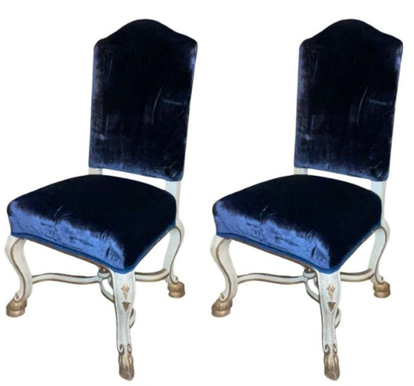 Set of Eight Italian Early 20th C. Gilded and Painted Chairs with Blue Velvet