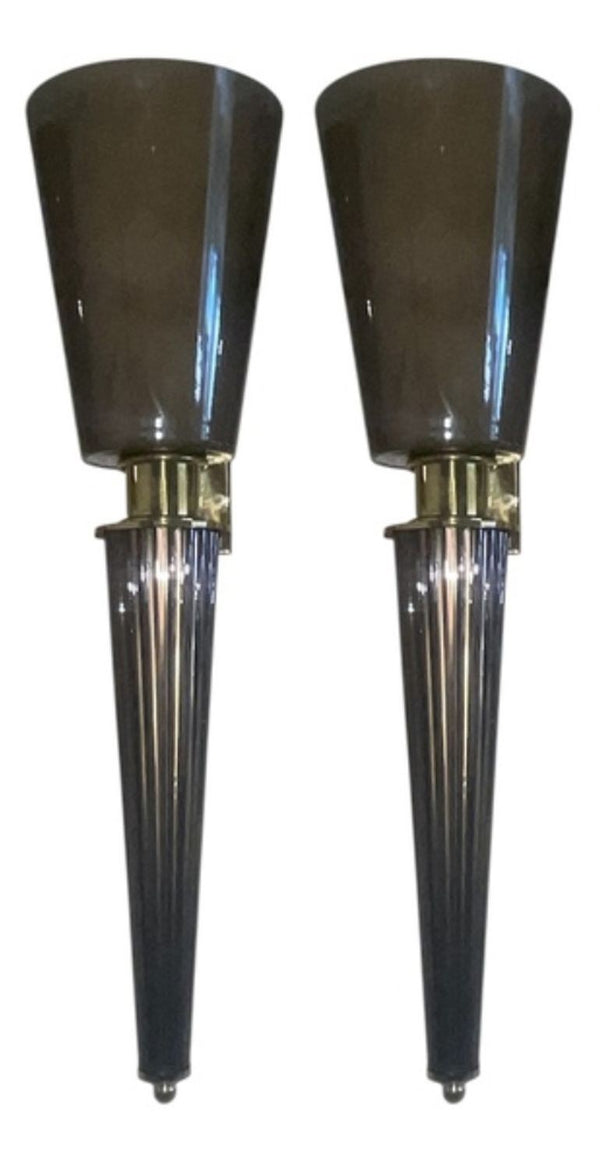 Set of Four Italian Smoky Gray Murano Glass Torchère Sconces – 1970's.