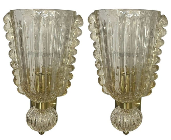 Set of Six Italian Modernist Murano Glass Sconces w/ Ruffled Detail & Gold Flecks