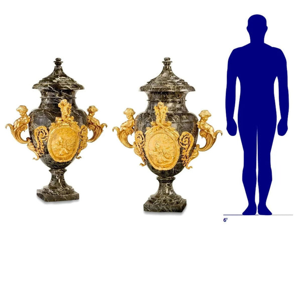 4.7' ft Tall Huge Beatiful Pair of Late 19th Century Marble Gilt-Bronze Floor Urns