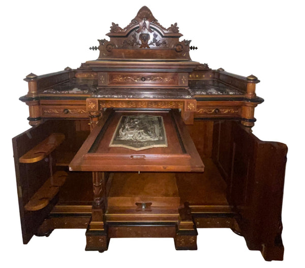 Late 19th C. French Renaissance Revival Cabinet w/ Relief Panels & Marble Tops.