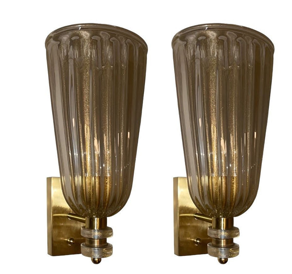 Set of Six Clear Murano Glass Fazzoleto Sconces with Gold Flecks. Italy, 1980's.