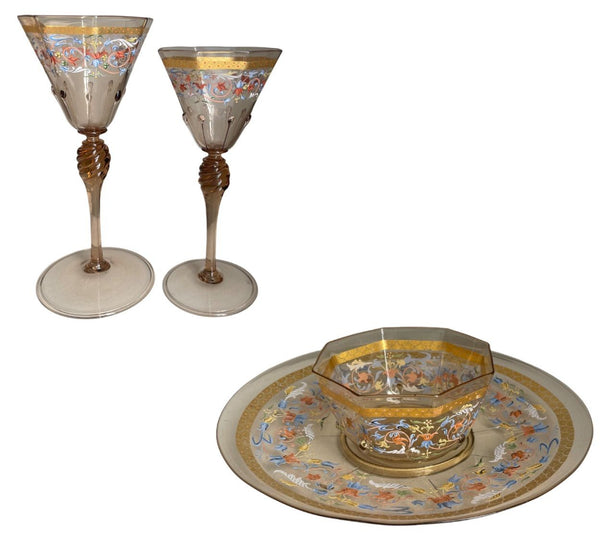 Set for Ten Venetian Gilt-Heightened Enamel Glasses w Plates & Bowls. E. 20th C.