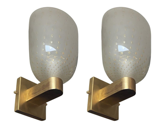 Set of Six Italian Campana Glass Sconces with Gold Circle Detail. 1980's.