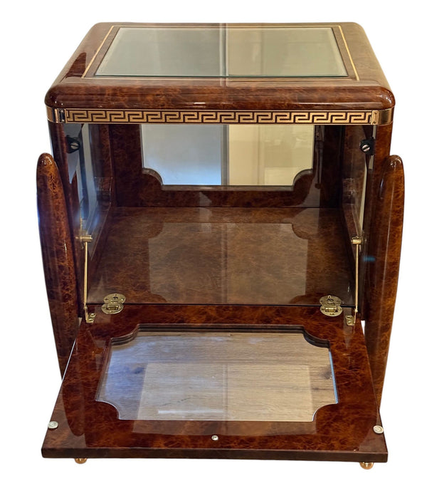 Versace Style Burl & Brass Greek Key Display Curio Vitrine. Italy, 20th Century.