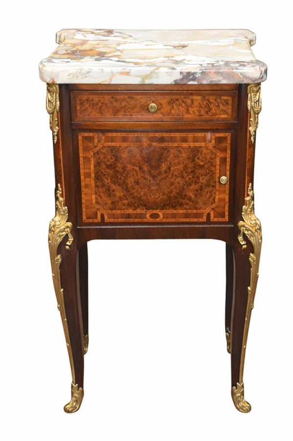 Pair French Bronze-Mounted Marble-Top Nightstands Louis XV Style, Late 19th C.