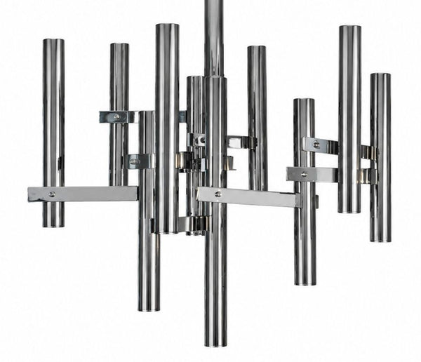 Gaetano Sciolari Chrome Tubular Chandelier. Italy, 1970's.