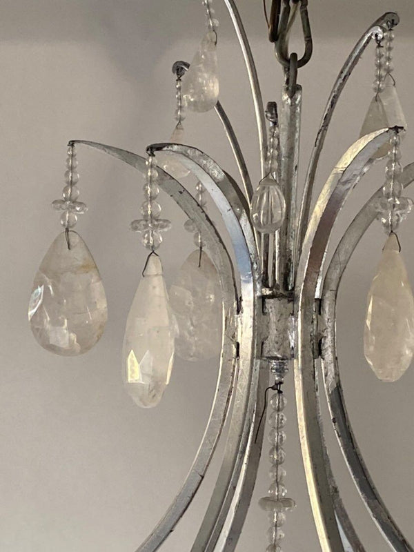 Large Silver Leaf Wrought Iron & Rock Crystal 6-Light Chandelier, 20th Century.