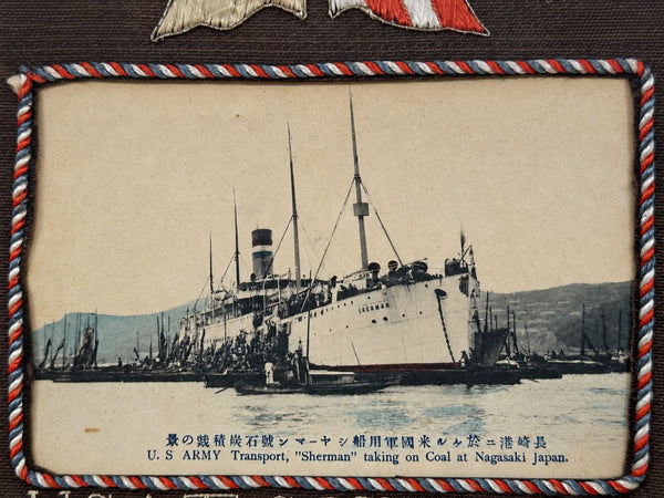Early 20th C. Embroidered U.S.A.T. Sherman Naval Souvenir, China & Japan Cruise