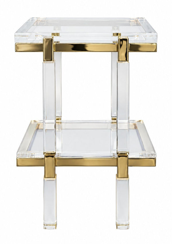 Pair of Charles Hollis Jones Lucite & Brass Two-Tier Side Tables, Late 20th C.