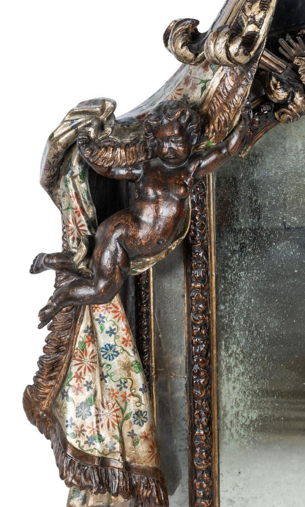 Late 18th Century Italian Venetian Hand Carved Wood Mirror w/ Putti & Drapery