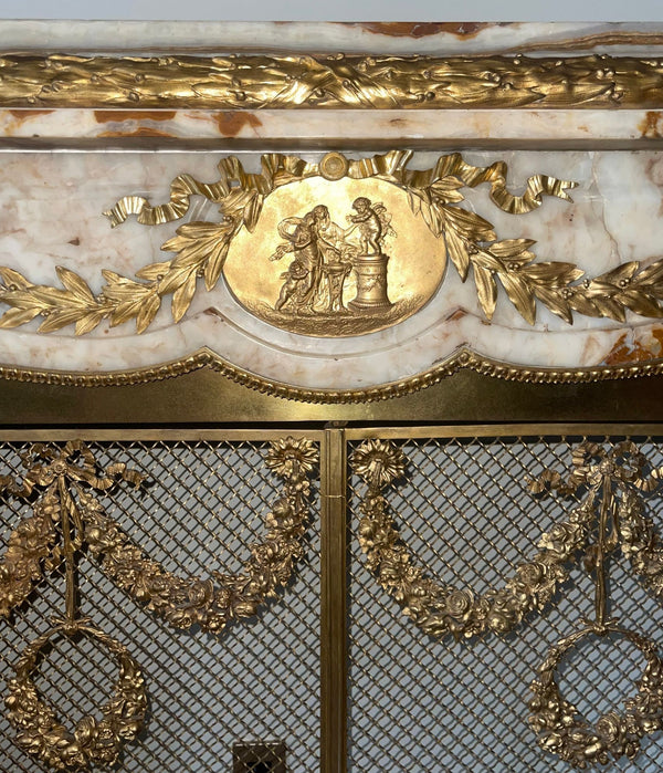 19th Century French Louis XV–Style Onyx & Dore Bronze Fireplace Mantle