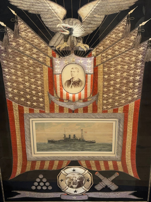 Oversized 1910 American Naval Silk Embroidered Souvenir Tapestry