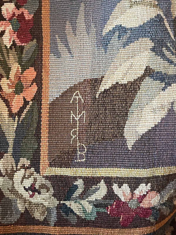 19th Century Flemish (Belgium) Pictorial Verdure Wool Tapestry Signed A.M.R.B.