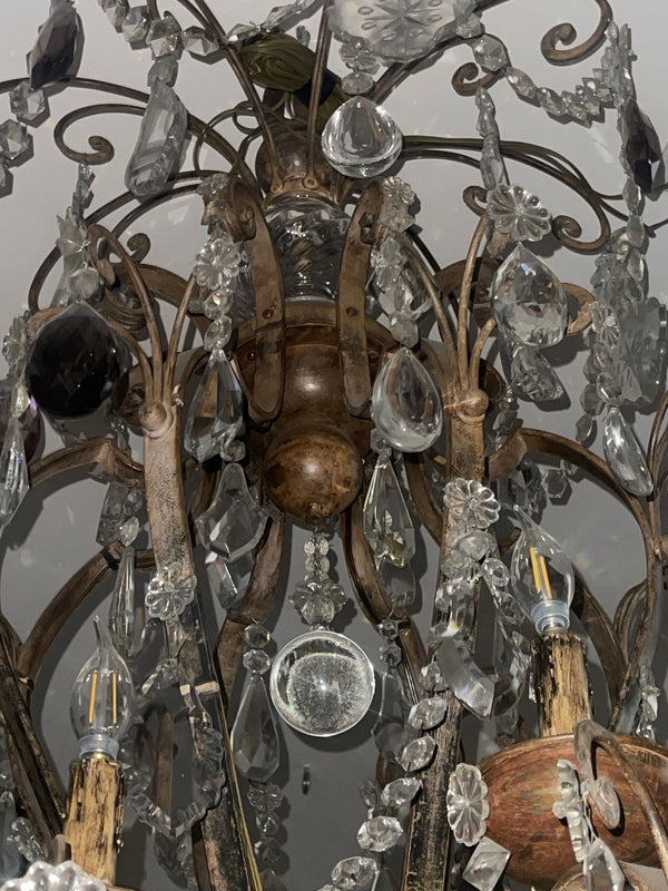 Monumental Venetian Wrought Iron, Wood & Crystal Chandelier Early 19th Century