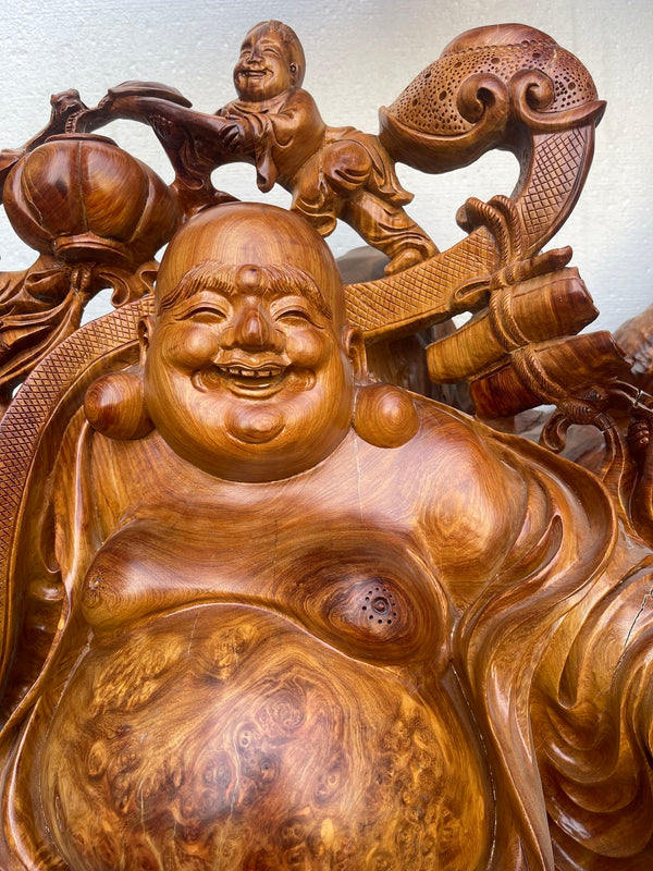 Large Hand-Carved Padauk Wood Hotei Buddha with Children and Bonsai Tree,1950's.