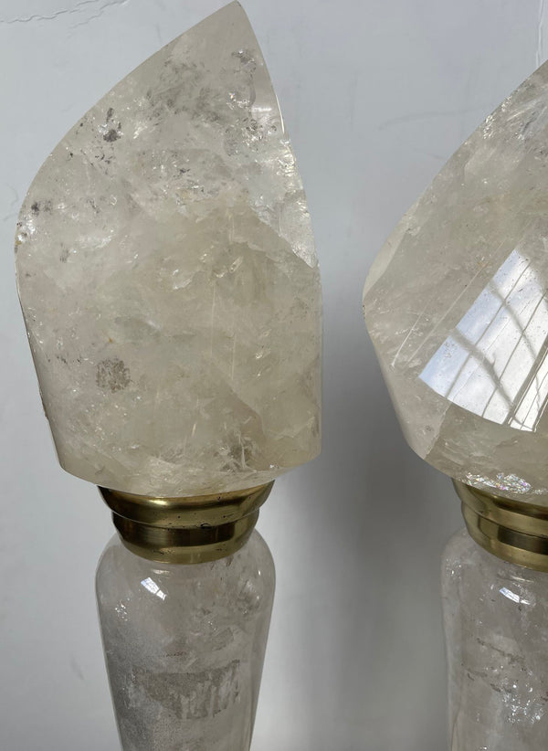 Pair of 20th C. Rock Crystal Lamps with Flame-Style Shades and Brass Details