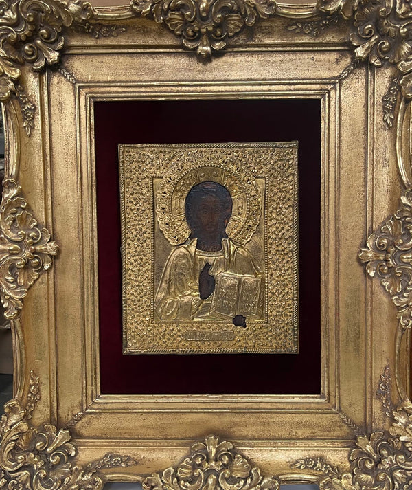 19th Century Russian Icon of Christ Pantocrator with Gold Metal and Gilt Frame