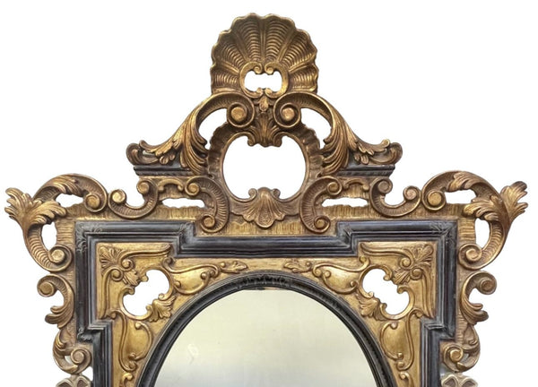 19th C. Carved Rococo-Style Black and Gold Mirror with Painted Hanging Garlands