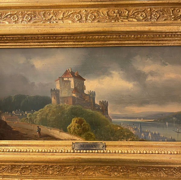 Late 19th Century Pair of European Castle Landscape Paintings by M. Day
