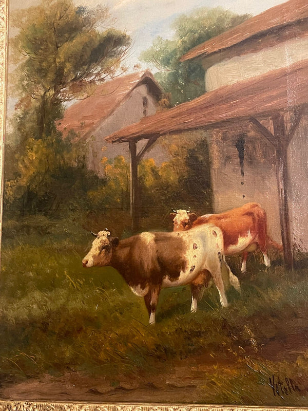 19th Century Italian Pastoral Cow Painting Signed by Vitolla