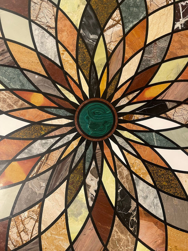 Early 20th C. Italian Pietra Dura Geometric Flower Center Table w/ Marble Base