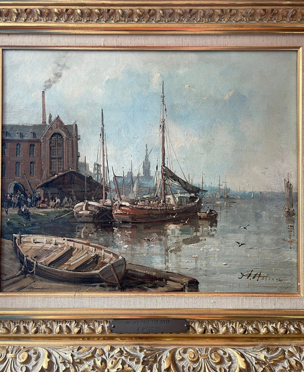 A. Masson “Anvers from the River” Oil Painting. 19th Century, France.