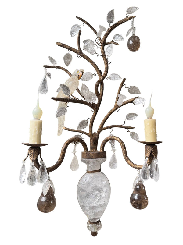 Pair French Baguès Style Rock Crystal, Smoky Quartz & Parrot Sconces, 1980's.