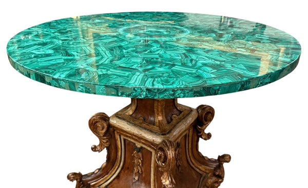Late 19th Century Italian Carved Wood Base & Malachite Top Center Table