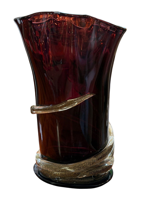 Signed Camozzo Murano Dark Amethyst Art Glass Vase with Gold Flecks.