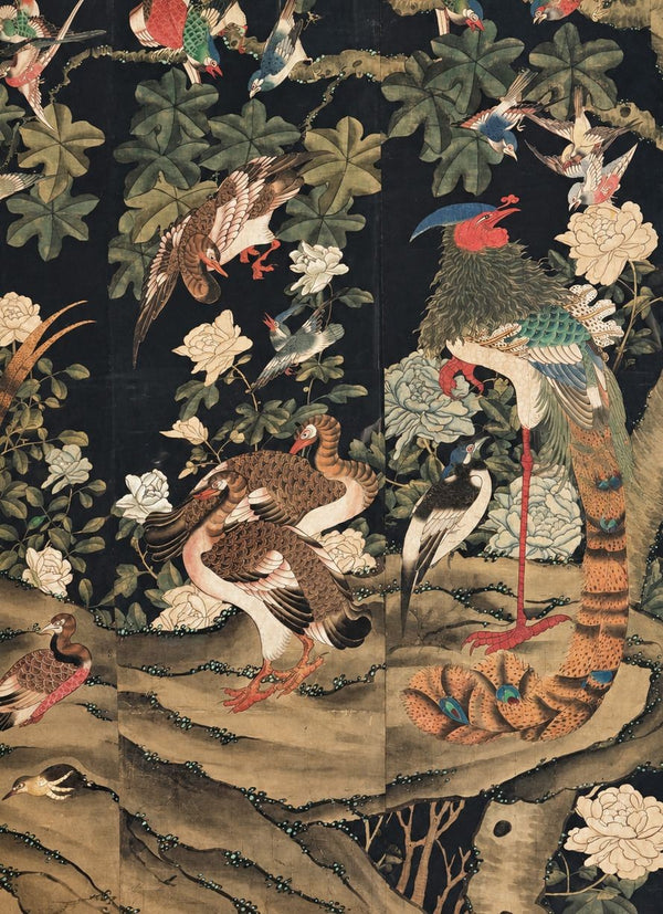 Oversized 19th C. Chinese Handpainted Hundred Birds Paying Homage to the Phoenix