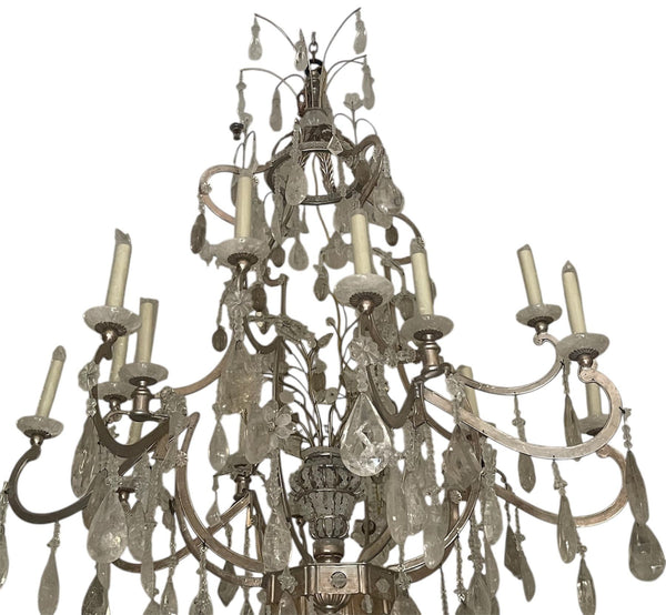 Large Vintage Italian Rock Crystal and Silver Leaf Chandelier, 20th Century.