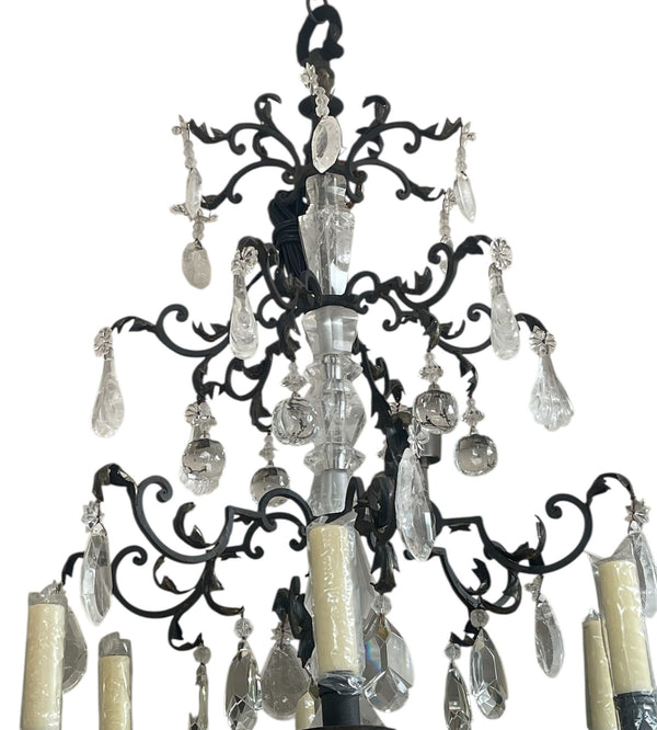 Hand-Carved Rock Crystal and Wrought Iron Chandelier. U.S.A. Late 20th Century.