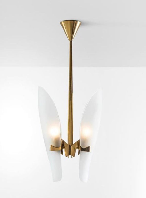 Vintage Italian Pendant w/ Brass & Frosted Glass by Max Ingrand for Fontana Arte