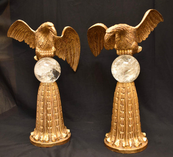 Pair of Hand-Carved Water Gilt & Rock Crystal Eagle Sculptures