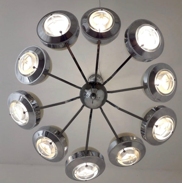 Chandelier with Glass Lens Diffusers and Enameled Metal Shades by Torlasco Italy