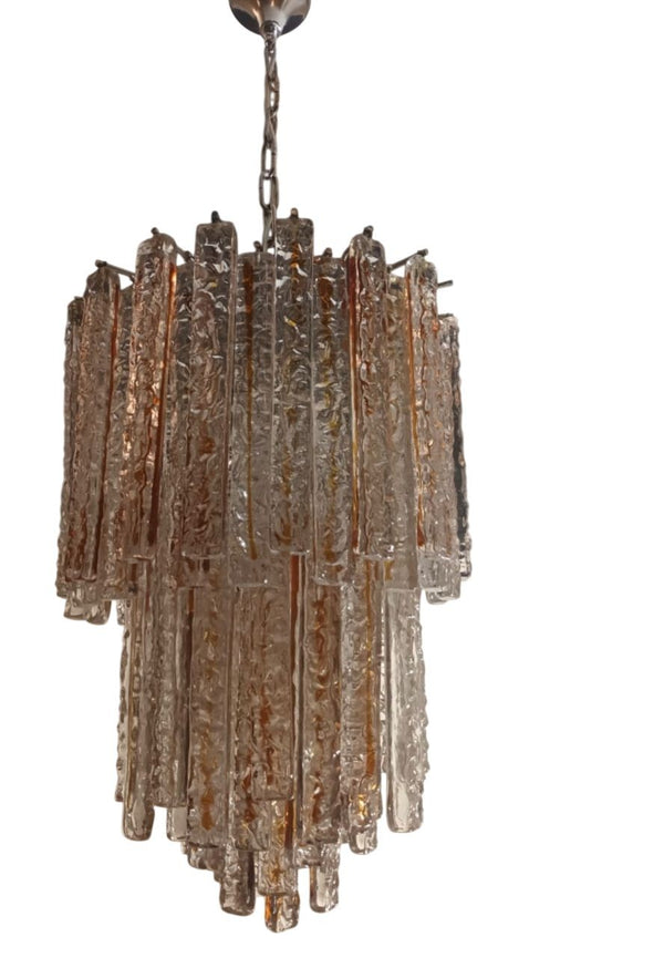 Pair of Amber/Clear Murano Glass Planks Chandeliers by Mazzega. Italy, 1960's.