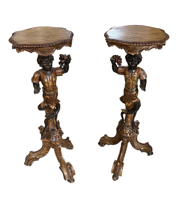 Pair of Mid-19th Century Italian Polychrome & Gilt Figural Pedestal Tables