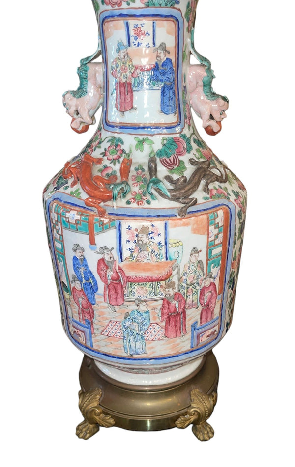 19th Century Chinese Famille Rose Porcelain & Bronze Table Lamp