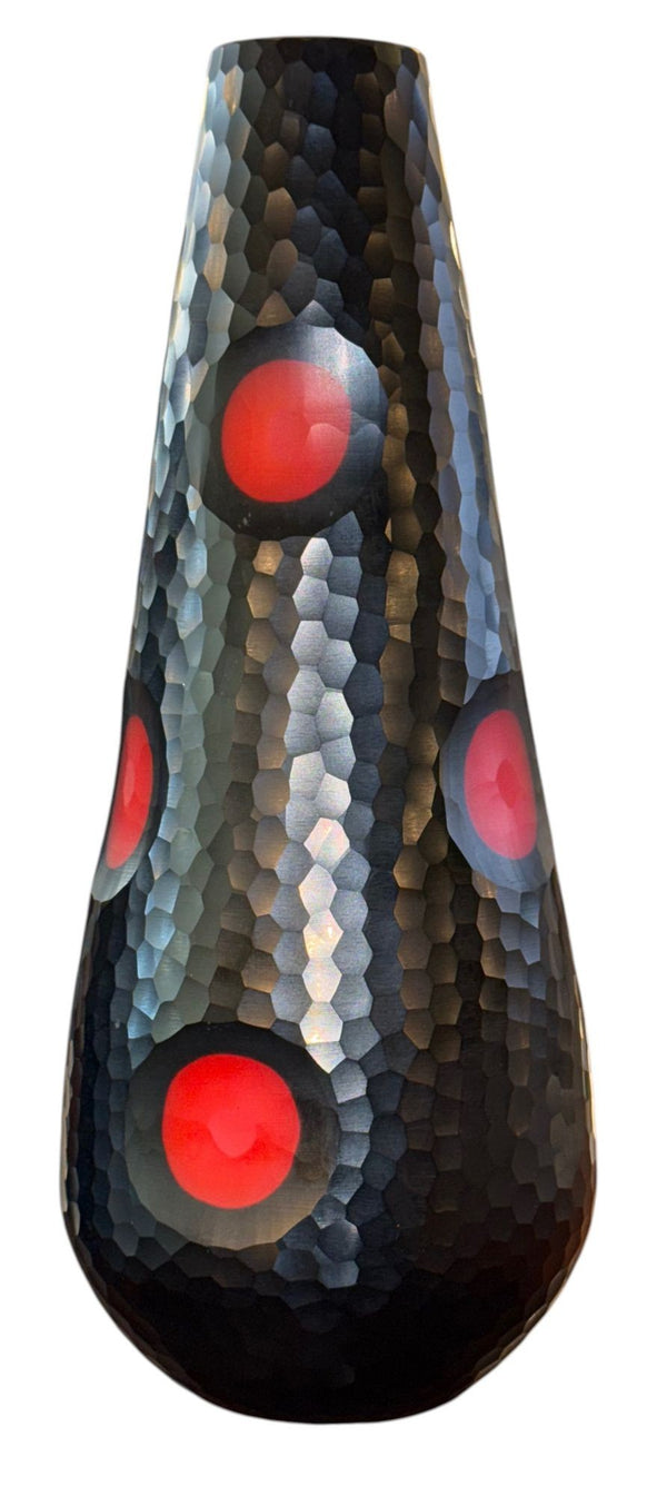 Pair Murano Battuto Glass Vases in Black & Vermillion. Italy, Late 20th Century.