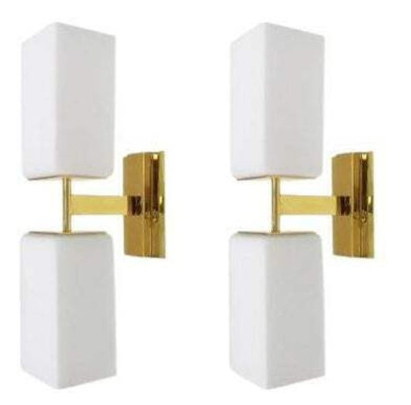 Set of Eight Modern Frosted White Murano Glass & Brass Sconces. Italy, 1990's.